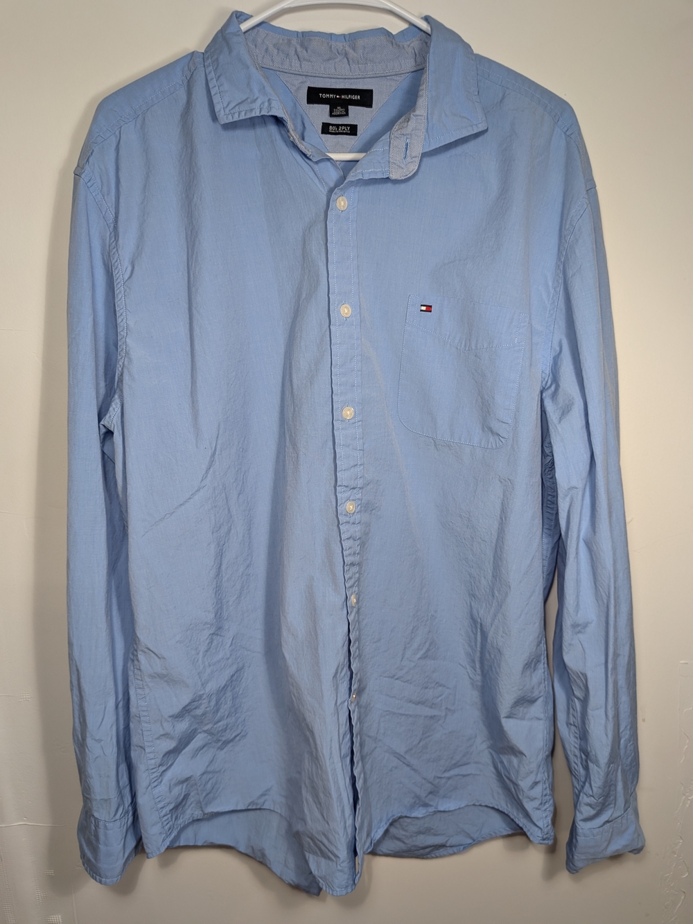 Tommy Hilfiger 80's 2PLY Mens Woven Cotton Solid Blue Button-Up Shirt XL